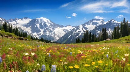 panoramic view of alpine meadow with flowers and mountains in background
