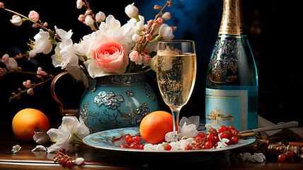 Fototapeta premium beautiful bouquet of roses in a glass vase on a wooden background.