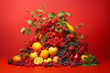 Obraz na płótnie Canvas Colorful arrangement of fruits and berries on a vibrant red background. Generative AI
