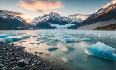 Panorama of iceberg glaciers in antarctica with melting polar ice.