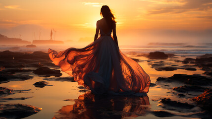 Fototapeta na wymiar beautiful girl in red dress walking on the seashore