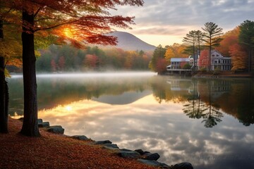Colorful fall scene featuring mountains and lake. Generative AI