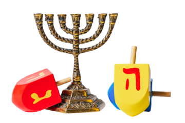 Jewish menorah and dreidel isolated on white or transparent background.