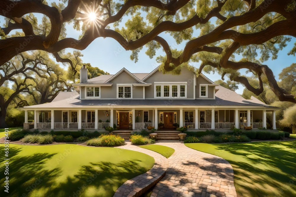 Poster a charming ranch-style house nestled beneath the shade of a sprawling oak tree - ai generative
