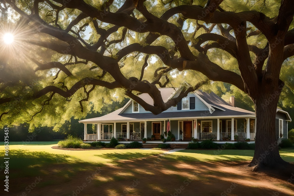 Poster a charming ranch-style house nestled beneath the shade of a sprawling oak tree - ai generative