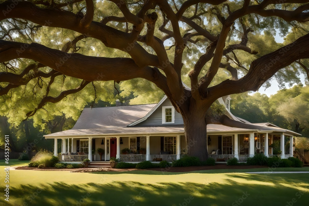 Poster a charming ranch-style house nestled beneath the shade of a sprawling oak tree - ai generative