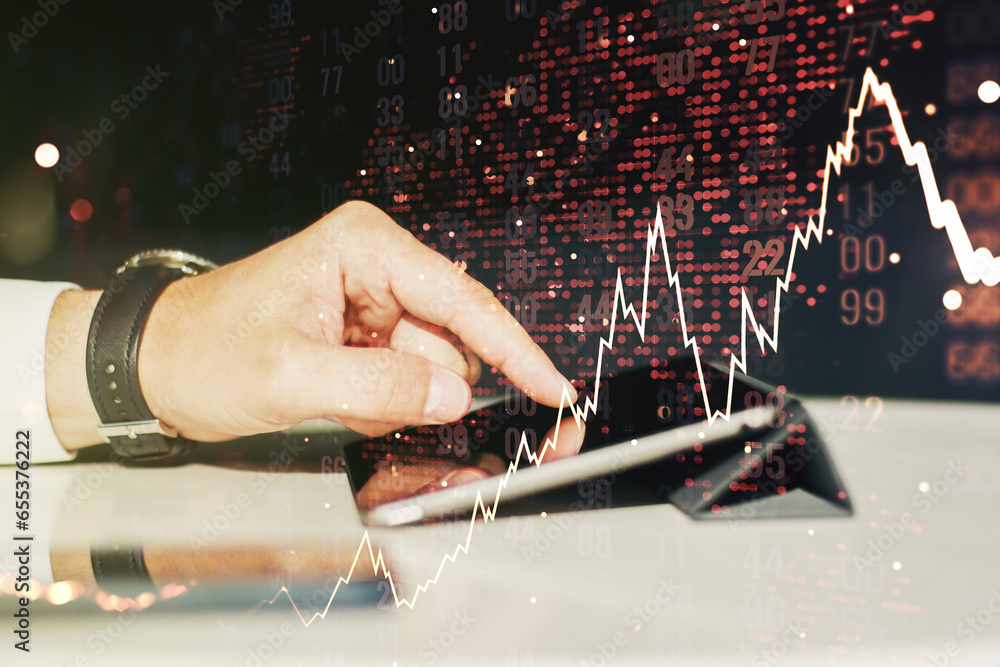 Poster multi exposure of abstract creative financial chart with world map and with finger presses on a digi