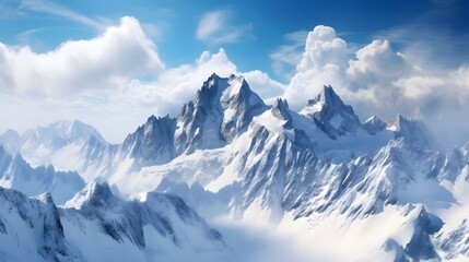 Panoramic view of snowy mountains in clouds. 3D illustration