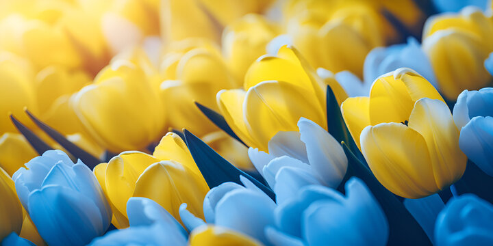 Bouquet Of Flowers Of Tulips And Gypsophila On A Blue Background Copy The Place For Text Hello Spring , Yellow Tulips On Blue Background Spring Wallpaper, Generative AI