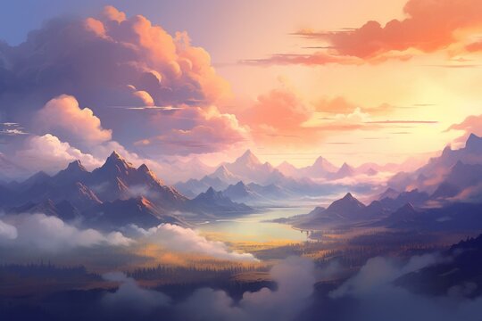 Dreamy landscape with soft colors depicting mountains and clouds. Generative AI