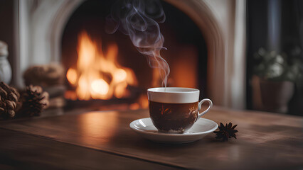 Cup of hot tea in a winter atmosphere on a blurred fireplace background. 