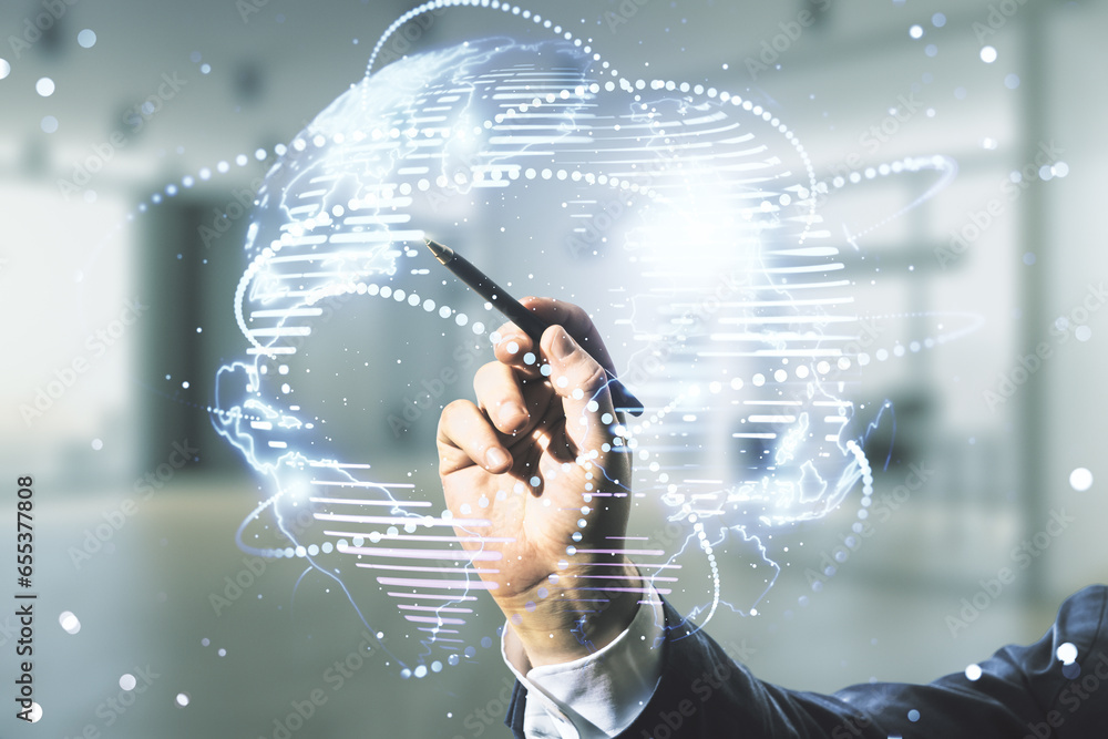 Aufkleber man hand with pen working with abstract graphic digital world map with connections on blurred office