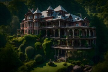 Fototapeta na wymiar A charming Victorian house nestled in a lush green valley full of tropical trees - AI Generative