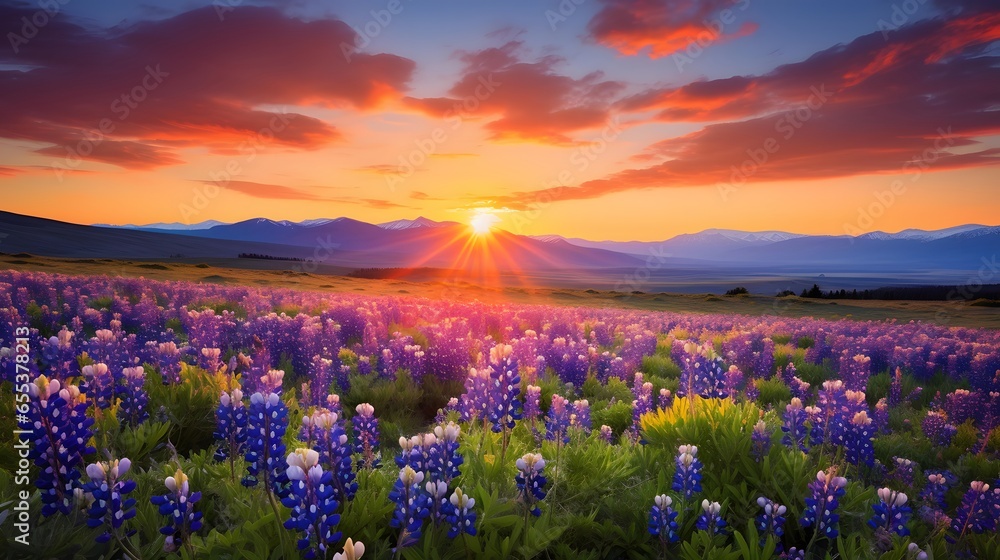 Wall mural Panoramic view of field of blooming lupine flowers at sunset - Wall murals