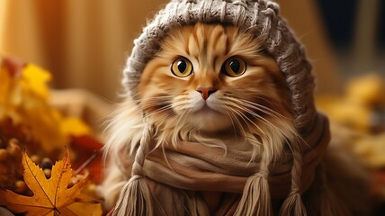 Cute cat dressed with scarf and hat