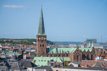 Fototapeta na wymiar Aarhus Cathedral, drone shot, side view from the distance, Denmark
