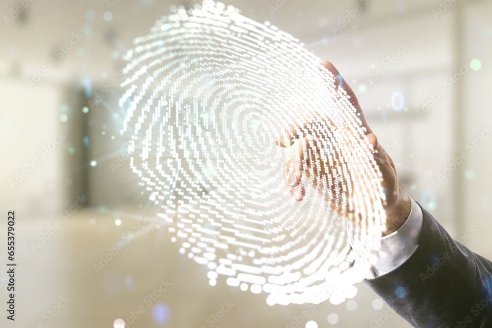 Fototapete multi exposure of programmer's hand working with virtual abstract fingerprint illustration on blurre