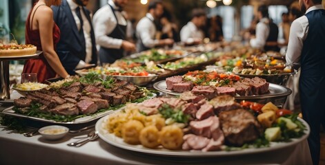 Group of people on catering buffet food indoor in restaurant with grilled meat. Buffet service for any festive event, party or wedding reception. Generative Ai.