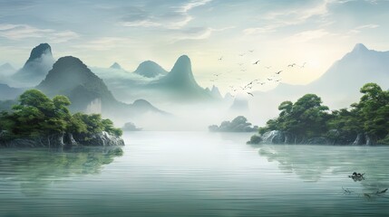  a painting of a lake surrounded by trees and mountains with birds flying over it.  generative ai