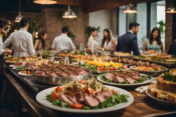 Group of people on catering buffet food indoor in restaurant with grilled meat. Buffet service for any festive event, party or wedding reception. Generative Ai. - obrazy, fototapety, plakaty
