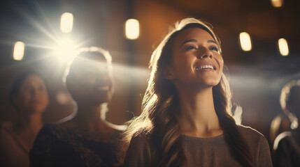 A church choir performing with soft, glowing bokeh lights, spiritual practices of Christians, bokeh - obrazy, fototapety, plakaty