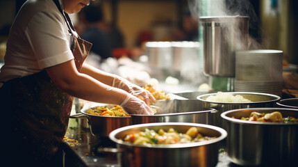 A person volunteering at a soup kitchen, embodying Christian service, spiritual practices of Christians, bokeh
