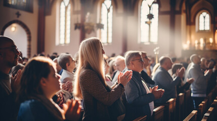 A congregation sharing the peace of Christ during a church service, spiritual practices of Christians, bokeh - obrazy, fototapety, plakaty