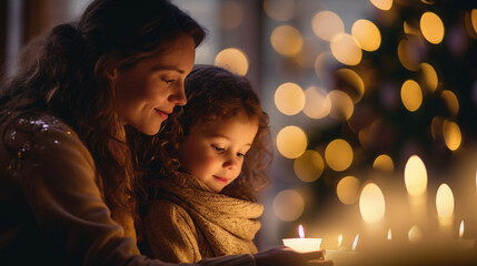 A mother and child lighting an Advent candle with warm, inviting bokeh, spiritual practices of Christians, bokeh - obrazy, fototapety, plakaty