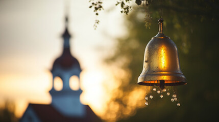 A church bell tower against a twilight sky with enchanting bokeh lights, spiritual practices of Christians, bokeh - obrazy, fototapety, plakaty