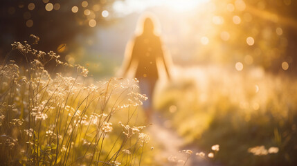 A person engaged in a peaceful, reflective walk in nature with gentle bokeh, spiritual practices of Christians, bokeh