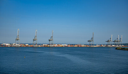 Container, Export, Shipping Cranes in a row at the Port of Aarhus, Denmark, wide angle shot