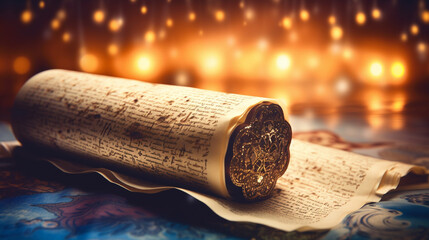 A Torah scroll opened to a sacred passage, illuminated by gentle bokeh lights, spiritual practices of Jewish, bokeh