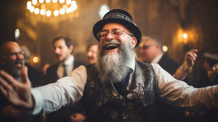 A group of people singing and dancing during a joyful Jewish celebration, spiritual practices of Jewish, bokeh