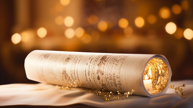 A Torah scroll opened to a sacred passage, illuminated by gentle bokeh lights, spiritual practices of Jewish, bokeh