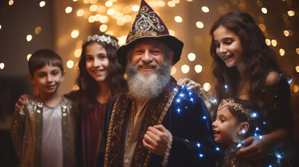 A family celebrating Purim with costumes and festive bokeh lights, spiritual practices of Jewish, bokeh - obrazy, fototapety, plakaty