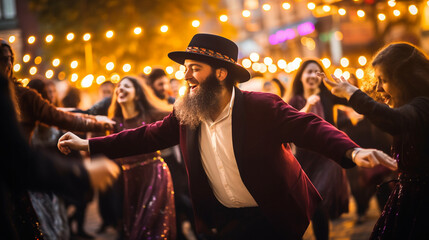 A vibrant Jewish community engaged in lively song and dance with festive bokeh lights, spiritual practices of Jewish, bokeh - obrazy, fototapety, plakaty