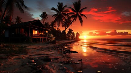  a sunset on a tropical beach with palm trees and a house.  generative ai
