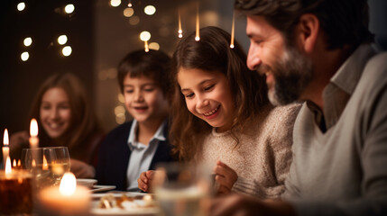 A family enjoying a Shabbat meal together with soft, heartwarming bokeh, spiritual practices of Jewish, bokeh