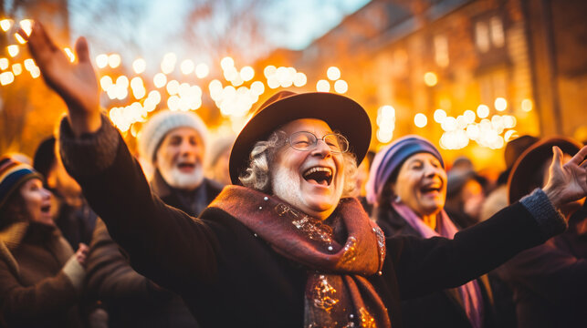 A vibrant Jewish community engaged in lively song and dance with festive bokeh lights, spiritual practices of Jewish, bokeh