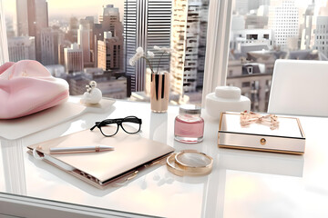 Businesswoman's Desk on Pink Marble with Chic White and Bronze Style - obrazy, fototapety, plakaty