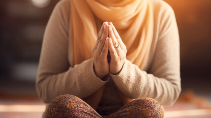 A close-up of hands engaged in prayer with soft, tranquil bokeh surroundings, spiritual practices of Muslim, bokeh