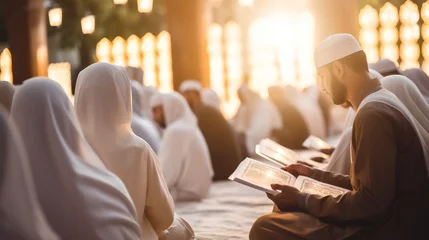 Fotobehang A group of Muslims reading Quranic verses together with warm, inviting bokeh, spiritual practices of Muslim, bokeh © Катерина Євтехова
