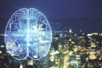 Double exposure of creative artificial Intelligence interface on blurry cityscape background. Neural networks and machine learning concept