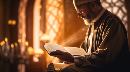 A person reading Islamic literature with soft, focused bokeh enhancing the atmosphere of learning, spiritual practices of Muslim, bokeh
