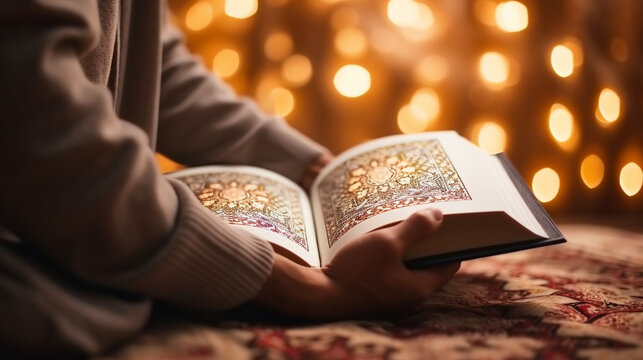 A person reading Islamic literature with soft, focused bokeh enhancing the atmosphere of learning, spiritual practices of Muslim, bokeh