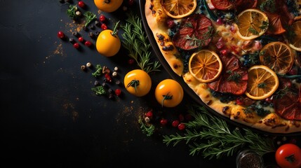 Obraz na płótnie Canvas a pizza with oranges, tomatoes, and herbs on it. generative ai