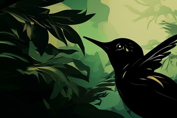 Side view silhouette of hummingbird's head among tropical leaves, symbolizing protection of animals and forest environment. Generative AI