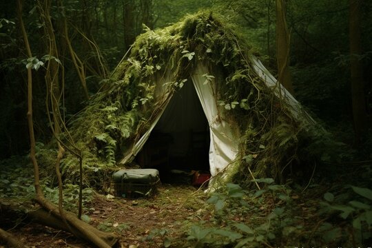 A deserted tent inside an overgrown structure, without any signs of human presence. Generative AI