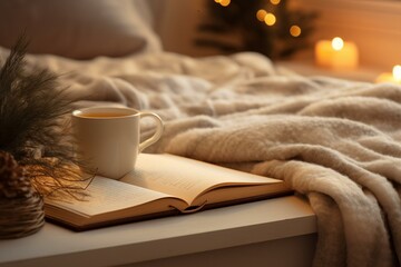 A cozy scene of a cup on a book in bed on a wooden tray, symbolizing a peaceful morning during the winter holidays. Generative AI - obrazy, fototapety, plakaty
