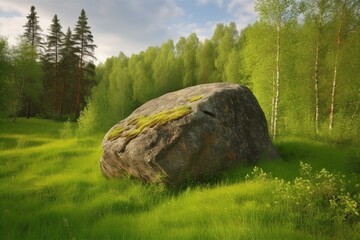 Large boulder in a field of greenery. Generative AI - obrazy, fototapety, plakaty